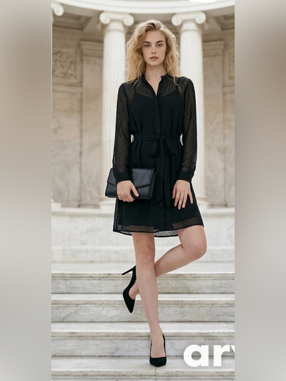 Banana Republic Black Polka Dot Glitter Long Sleeve Shift Dress W/Waist Tie-10